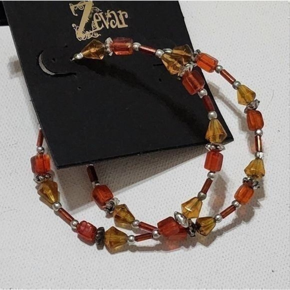 Treska Zevar Amber‎ Orange Beaded Hoop Earrings Silver Tone Bohemian Earthy 2 In